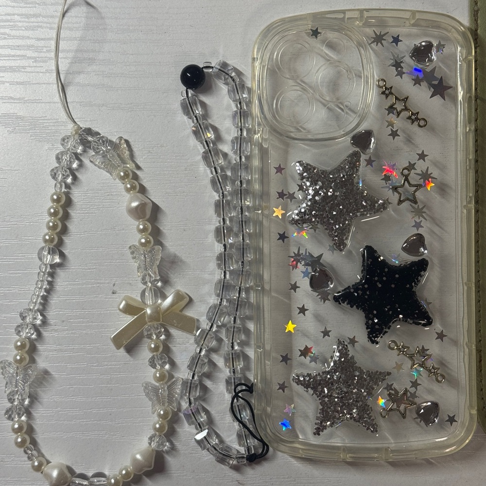 Cute Starry Glitter Phone Case with 2 Beaded Phone Straps iPhone 12 Pro Max